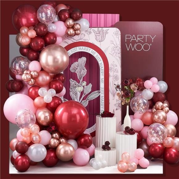 140 pcs Burgundy Red and Pink Balloon Garland, Double-stuffed Burgundy Balloons - Picture 1 of 6